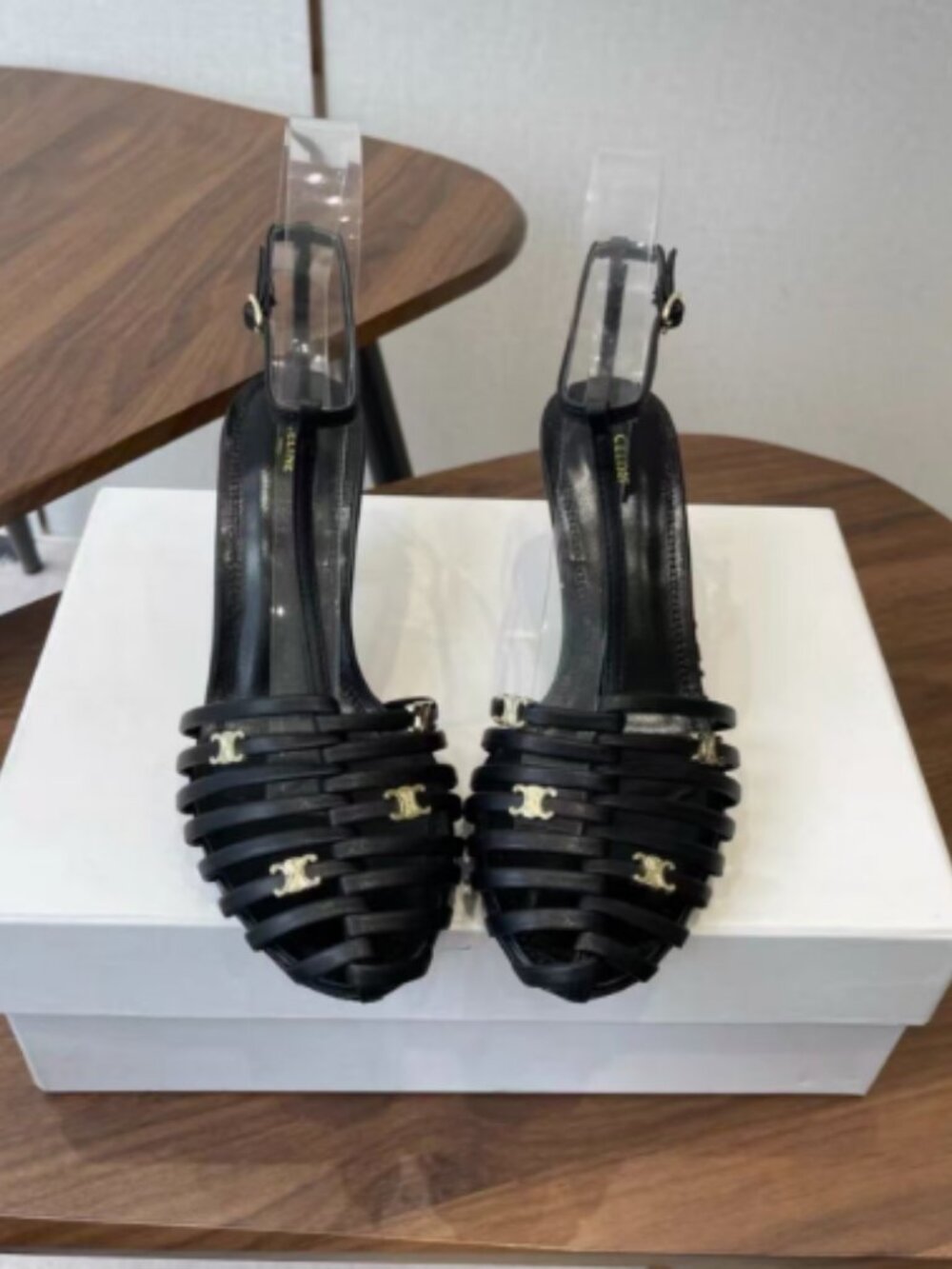 Celine Black Leather Triomphe Woven Slingback Heels, Size EU 37